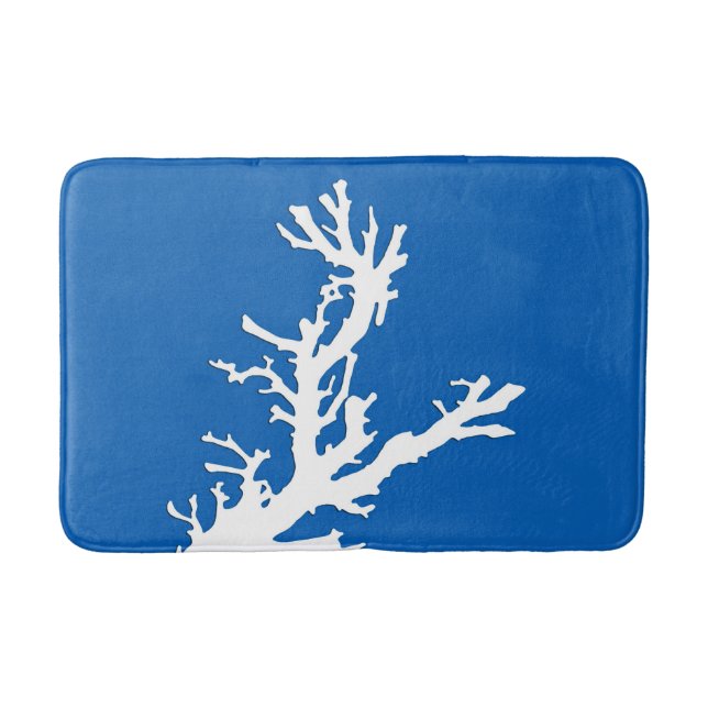 Coral branch - white on cobalt blue bathroom mat (Front)