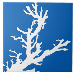 Coral branch - white on cobalt blue ceramic tile