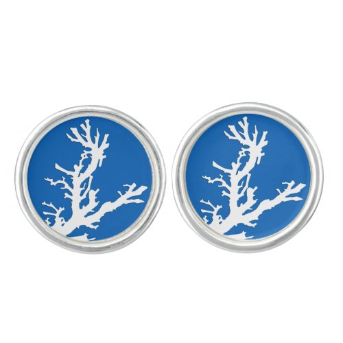 Coral branch _ white on cobalt blue cufflinks