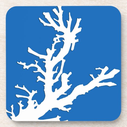 Coral branch _ white on cobalt blue drink coaster