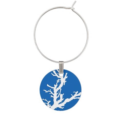 Coral branch _ white on cobalt blue wine glass charm