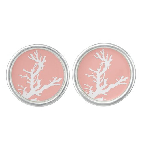 Coral branch _ white on coral pink cufflinks