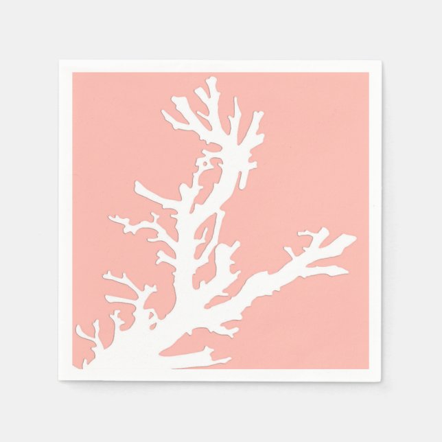 Coral branch - white on coral pink paper napkins (Front)