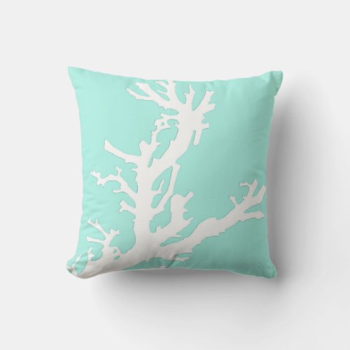 Coral branch _ white on pale aqua throw pillow