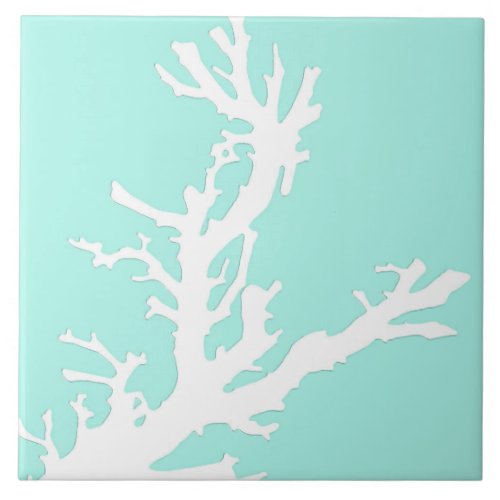 Coral branch _ white on pale aqua tile
