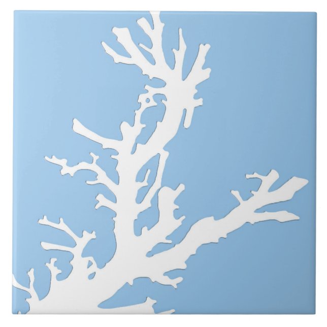 Coral branch - white on pale blue ceramic tile (Front)