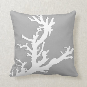 Coral branch - white on silver grey throw pillow