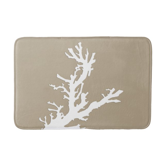 Coral branch - white on taupe tan bath mat (Front)