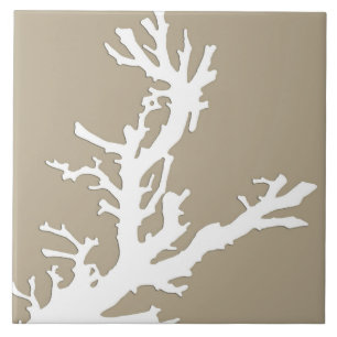 Coral branch - white on taupe tan tile