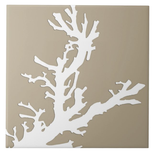 Coral branch - white on taupe tan tile (Front)