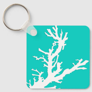 Coral branch - white on turquoise keychain