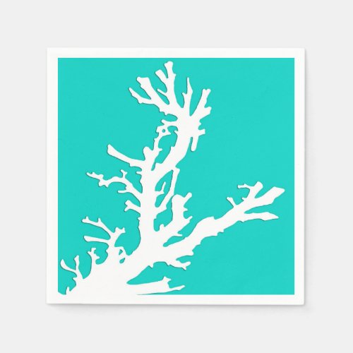 Coral branch _ white on turquoise napkins
