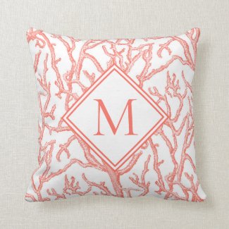 Coral Branches Pink Coastal Beach Monogram Throw Pillow