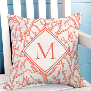 Coral Branches Pink Coastal Beach Monogram Throw Pillow