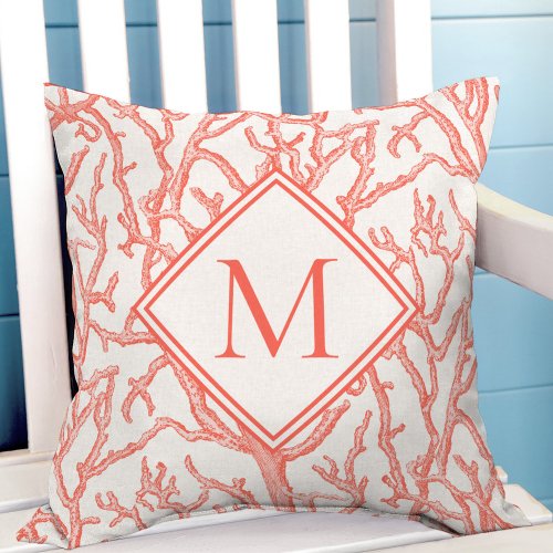 Coral Branches Pink Coastal Beach Monogram Throw Pillow