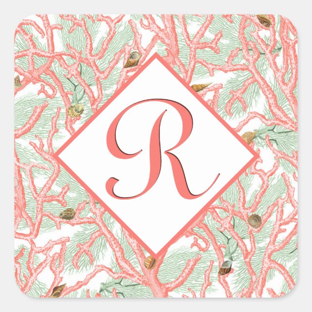 Coral Branches with Seashells Monogram Square Sticker (Front)