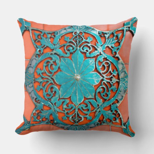 Coral Breeze Art Nouveau Tiled Motif in Aluminum Throw Pillow