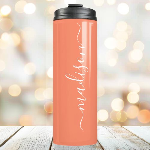 Coral Bridesmaid Stylish Signature Script Name Thermal Tumbler