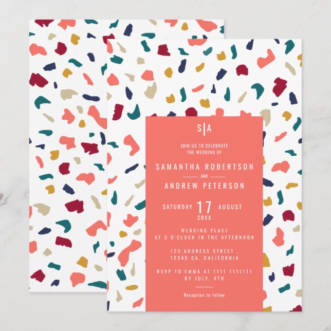 Coral bright marble mozaic terrazzo wedding invitation (Front/Back)