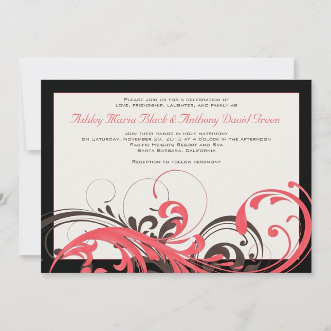 Coral, Brown, Black Floral Wedding Invitation (Front)