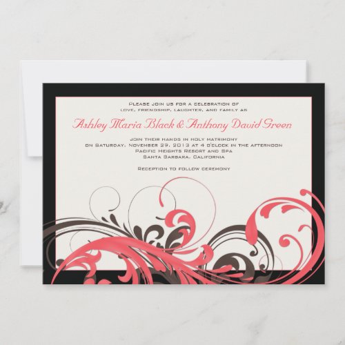 Coral, Brown, Black Floral Wedding Invitation