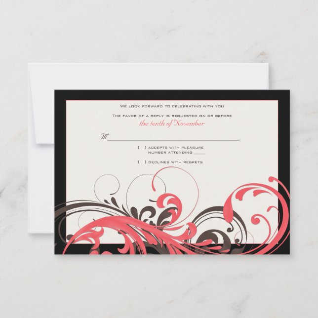 Coral, Brown, Black Floral Wedding Reply Card (Front)
