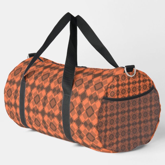 Coral Brown Checker Argyle Pattern Large Duffle Bag (Right Corner)