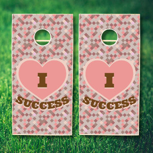 Coral Brown Groovy Retro Pattern I Heart Success Cornhole Set
