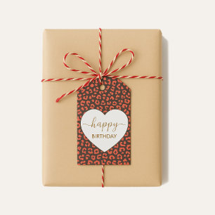 Coral Brown Leopard Print Heart Happy Birthday  Gift Tags