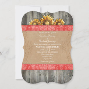 Coral Brown Rustic Sunflower Wedding Invite