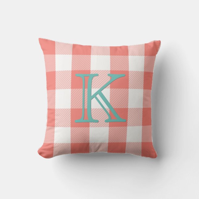 Coral Buffalo Check | Teal Monogram Plaid Throw Pillow (Front)