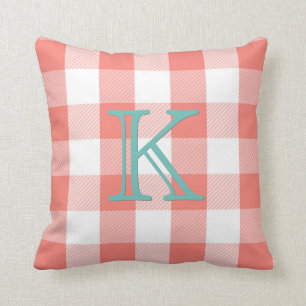 Coral Buffalo Check Teal Monogram Plaid Throw Pillow