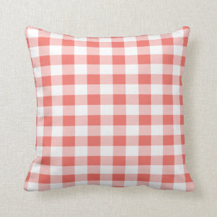 Coral Buffalo Plaid White Throw Pillow