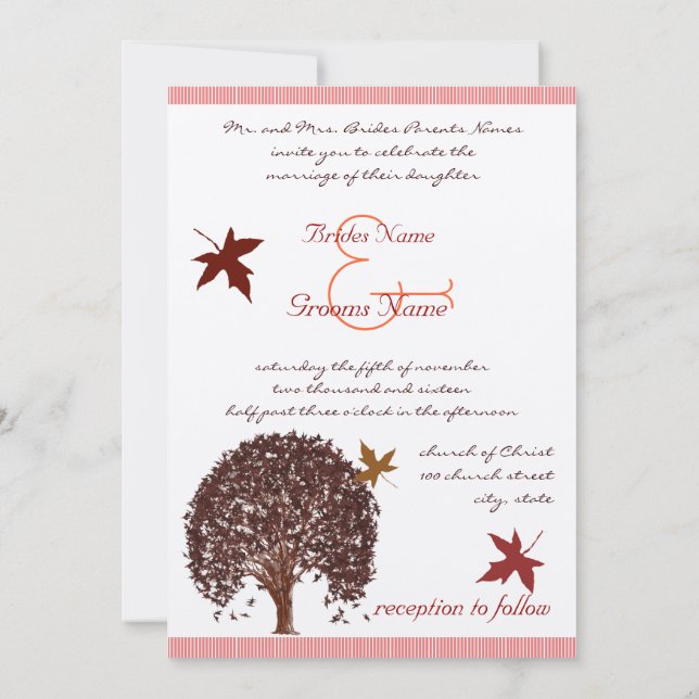 Coral Burgundy Red Tree Wedding Invitation (Back)