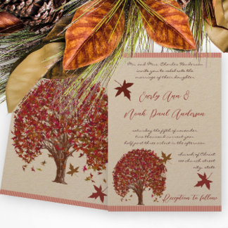 Coral Burgundy Red Tree Wedding Invitation