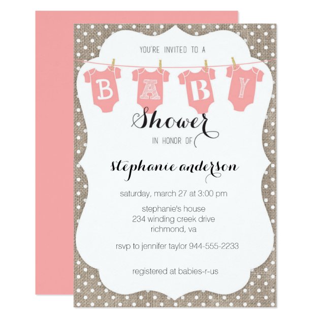 Coral & Burlap Dots Clothesline Baby Shower Invite