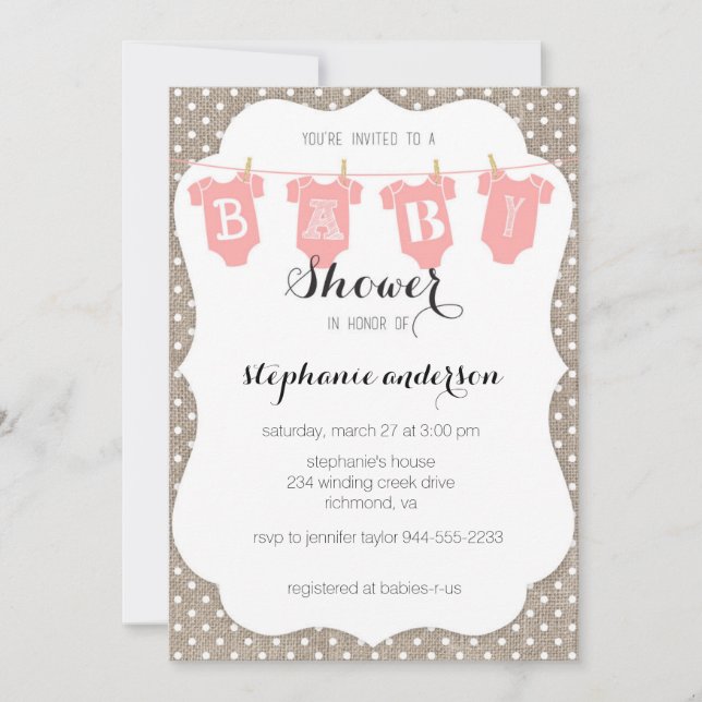 Coral & Burlap Dots Clothesline Baby Shower Invite (Front)