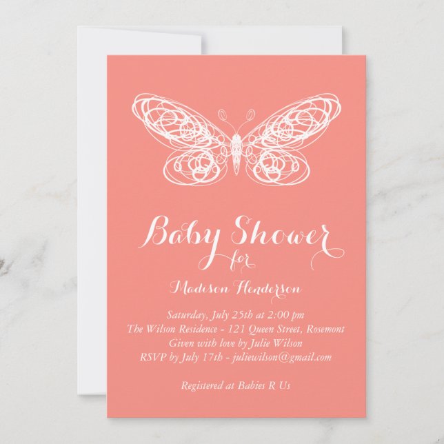 Coral Butterfly Baby Shower Invitation (Front)