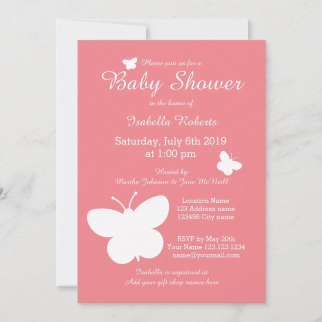 Coral butterfly baby shower invitations for girl (Front)