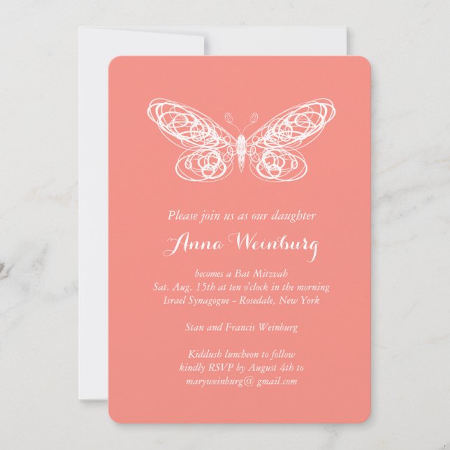Coral Butterfly Bat Mitzvah Invitation (Front)