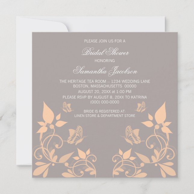 Coral Butterfly Floral Bridal Shower Invite (Front)
