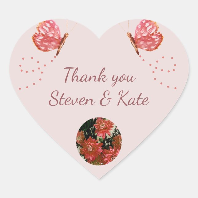 Coral Butterfly Flowers Photo Thank you Heart Sticker (Front)