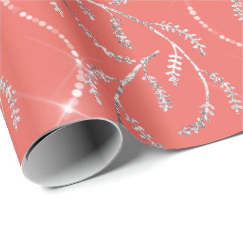 Coral Candy Spark Laurel Floral Silver Diamonds Wrapping Paper