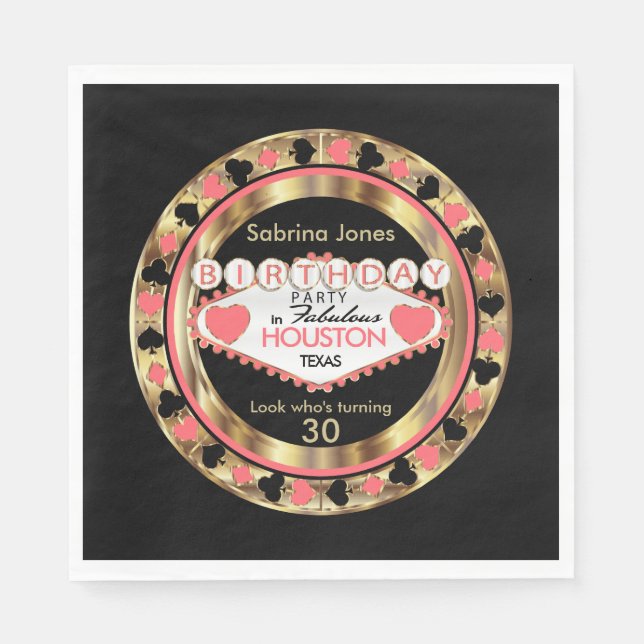 Coral Casino Poker Chip Birthday Party Napkins (Front)