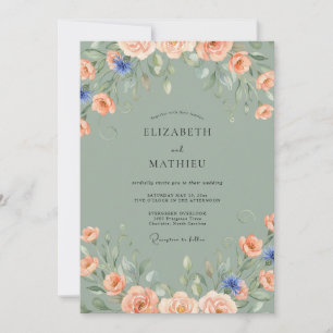 Coral Celadon Peony Wedding Invitation