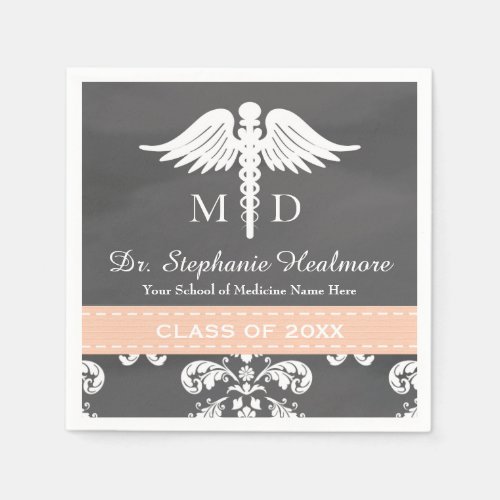 Coral Chalkboard Caduceus Med School Graduation Napkins