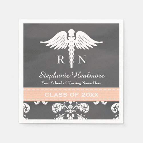 Coral Chalkboard Caduceus Nurse Graduation Napkins