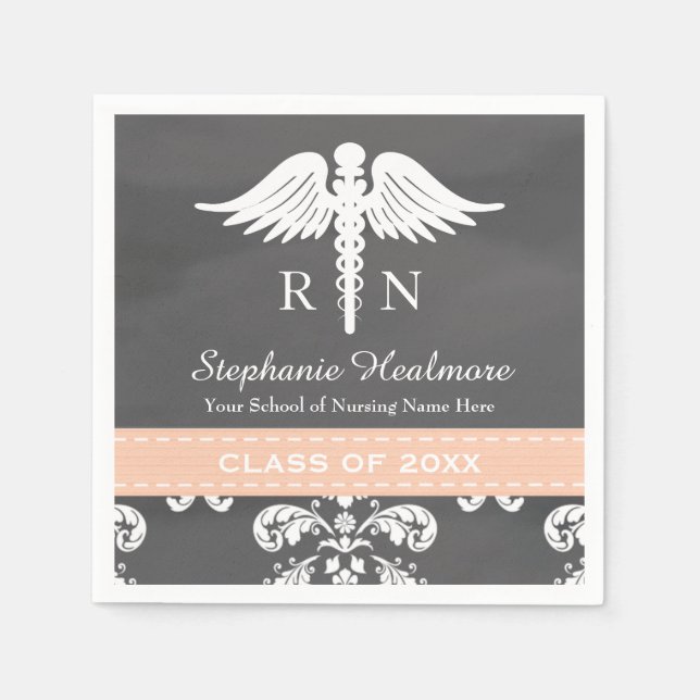 Coral Chalkboard Caduceus Nurse Graduation Napkins (Front)
