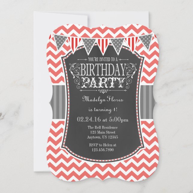 Coral Chalkboard Chevron Birthday Invite (Front)