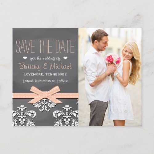 Coral Chalkboard Lace Bow Save the Date Postcard